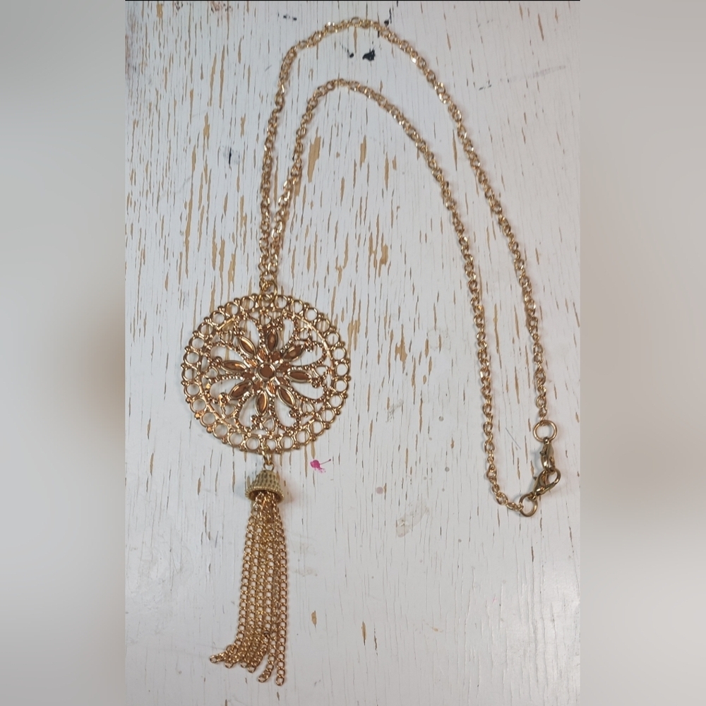 Single Gold Chain Long Necklace with Gold Sun Medallion Pendant & Tassel